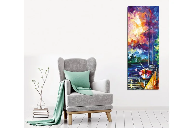 Lerretsbilde - Seilbåt ved en fargerik solnedgang - Lilla / Oransje / Blå - Interiør - Maleri & posters - Lerretsbilder