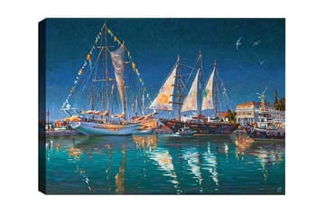 Lerretsbilde - Seilbåter i en havn under en stjerneklar himmel - Mørk blå / Turkis / Hvit - Interiør - Maleri & posters - Lerretsbilder