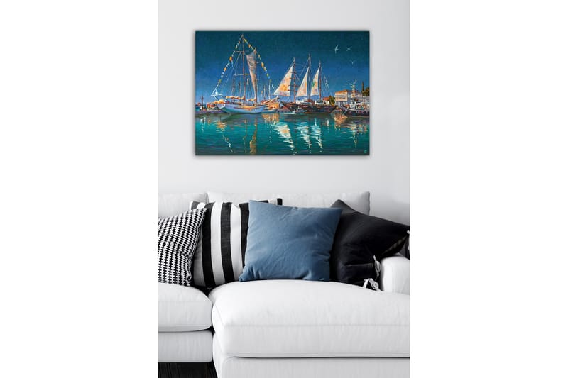 Lerretsbilde - Seilbåter i en havn under en stjerneklar himmel - Mørk blå / Turkis / Hvit - Interiør - Maleri & posters - Lerretsbilder