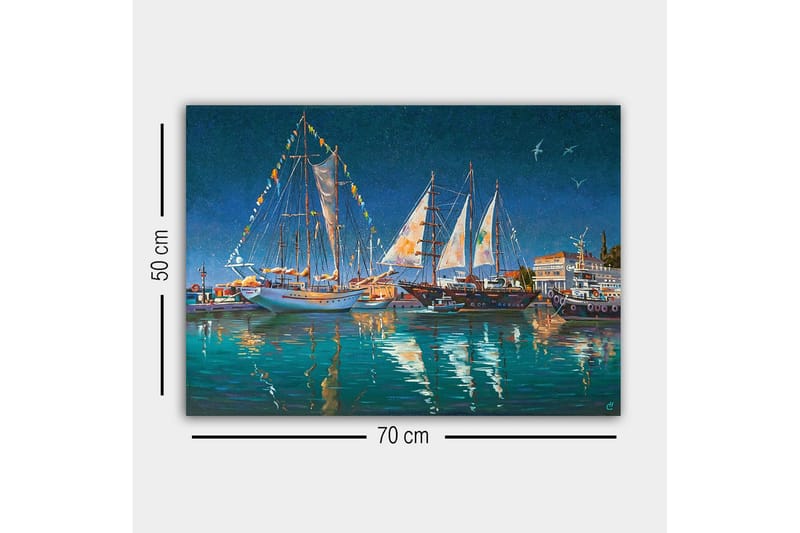 Lerretsbilde - Seilbåter i en havn under en stjerneklar himmel - Mørk blå / Turkis / Hvit - Interiør - Maleri & posters - Lerretsbilder