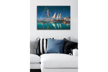 Lerretsbilde - Seilbåter i en havn under en stjerneklar himmel - Mørk blå / Turkis / Hvit - Interiør - Maleri & posters - Lerretsbilder
