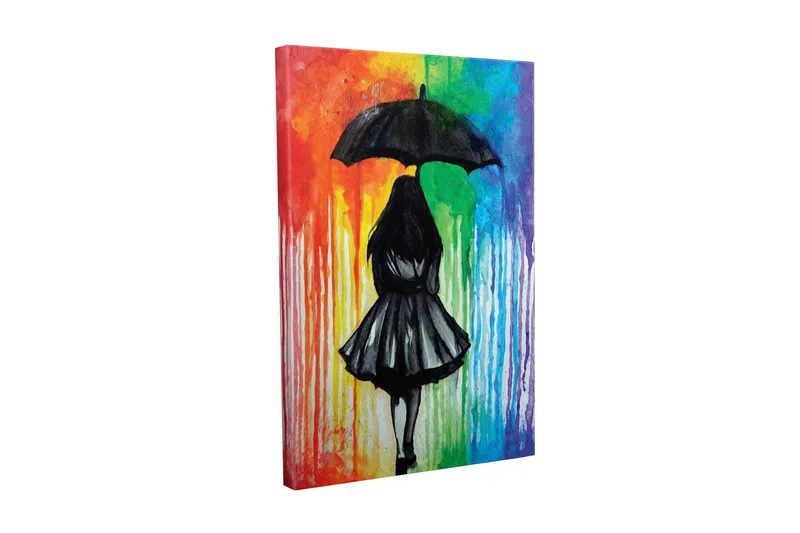 Lerretsbilde - Silhuett av en kvinne med paraply mot en fargerik bakgrunn, Svart / Rød / Grønn