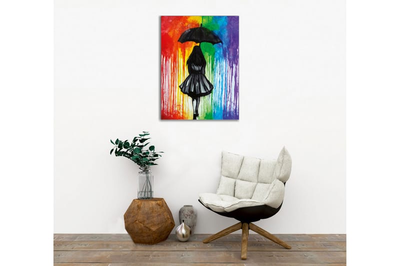 Lerretsbilde - Silhuett av en kvinne med paraply mot en fargerik bakgrunn - Svart / Rød / Grønn - Interiør - Maleri & posters - Lerretsbilder
