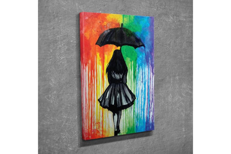 Lerretsbilde - Silhuett av en kvinne med paraply mot en fargerik bakgrunn - Svart / Rød / Grønn - Interiør - Maleri & posters - Lerretsbilder