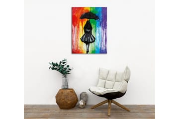 Lerretsbilde - Silhuett av en kvinne med paraply mot en fargerik bakgrunn - Svart / Rød / Grønn - Interiør - Maleri & posters - Lerretsbilder