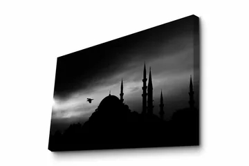 Lerretsbilde - Silhuett av en moské med spir i dramatisk himmel - Svart / Grå - Interiør - Maleri & posters - Lerretsbilder