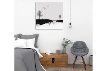 Lerretsbilde - Silhuett av en park med trær, benk og fugler i flukt - Svart / Grå - Interiør - Maleri & posters - Lerretsbilder