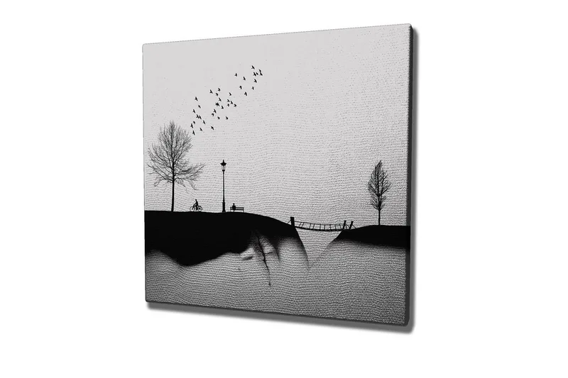 Lerretsbilde - Silhuett av en park med trær, benk og fugler i flukt, Svart / Grå