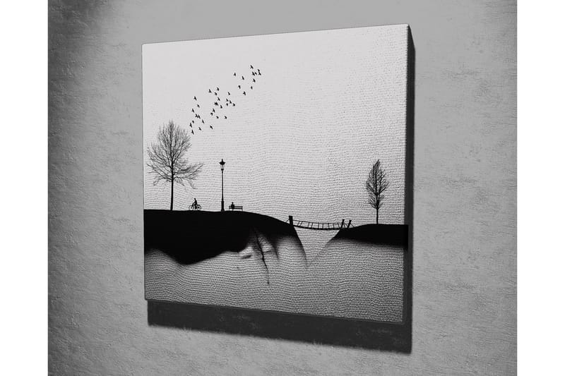 Lerretsbilde - Silhuett av en park med trær, benk og fugler i flukt - Svart / Grå - Interiør - Maleri & posters - Lerretsbilder