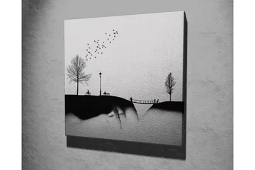 Lerretsbilde - Silhuett av en park med trær, benk og fugler i flukt - Svart / Grå - Interiør - Maleri & posters - Lerretsbilder
