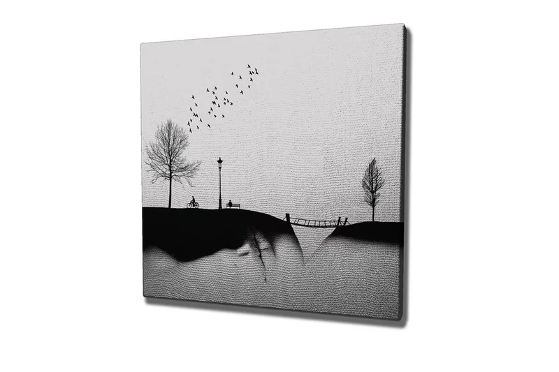 Lerretsbilde - Silhuett av en park med trær, benk og fugler i flukt, Svart / Grå
