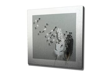 Lerretsbilde - Silhuetter av fugler som flyr bort fra en vase med fjær - Svart / Hvit / Grå - Interiør - Maleri & posters - Lerretsbilder