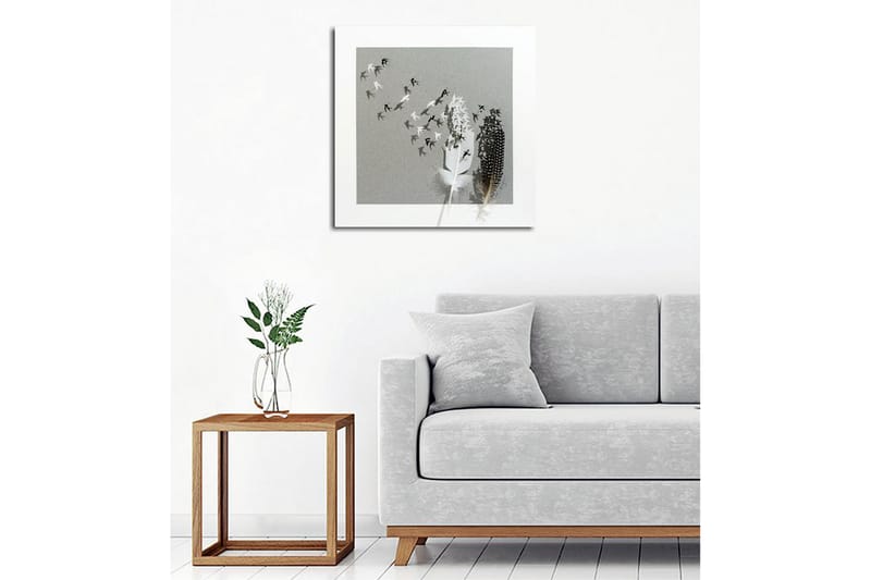 Lerretsbilde - Silhuetter av fugler som flyr bort fra en vase med fjær - Svart / Hvit / Grå - Interiør - Maleri & posters - Lerretsbilder