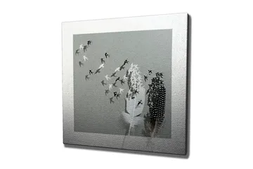 Lerretsbilde - Silhuetter av fugler som flyr bort fra en vase med fjær - Svart / Hvit / Grå - Interiør - Maleri & posters - Lerretsbilder