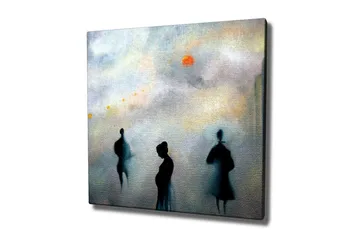 Lerretsbilde - Silhuetter av mennesker i et tåkete bybilde - Mørk blå / Grå / Oransje - Interiør - Maleri & posters - Lerretsbilder