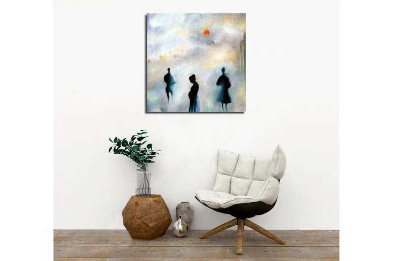 Lerretsbilde - Silhuetter av mennesker i et tåkete bybilde - Mørk blå / Grå / Oransje - Interiør - Maleri & posters - Lerretsbilder