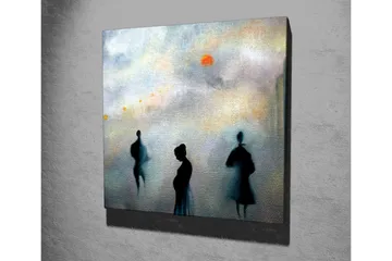 Lerretsbilde - Silhuetter av mennesker i et tåkete bybilde - Mørk blå / Grå / Oransje - Interiør - Maleri & posters - Lerretsbilder