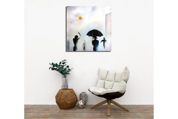 Lerretsbilde - Silhuetter av mennesker med paraplyer i et tåkete bymiljø - Svart / Grå / Oransje - Interiør - Maleri & posters - Lerretsbilder