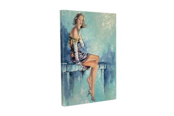 Lerretsbilde - Sittende kvinne i elegant kjole med en forførende positur - Blå / Beige / Brun - Interiør - Maleri & posters - Lerretsbilder