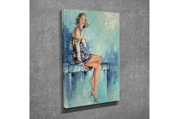 Lerretsbilde - Sittende kvinne i elegant kjole med en forførende positur - Blå / Beige / Brun - Interiør - Maleri & posters - Lerretsbilder