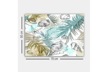 Lerretsbilde - Sjømotiv med skjell og palmeblader - Blå / Beige / Grønn - Interiør - Maleri & posters - Lerretsbilder