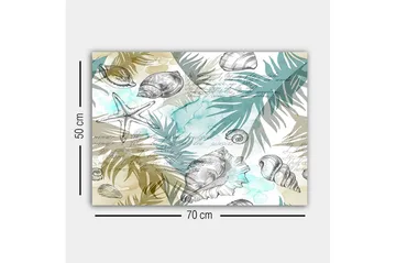 Lerretsbilde - Sjømotiv med skjell og palmeblader - Blå / Beige / Grønn - Interiør - Maleri & posters - Lerretsbilder