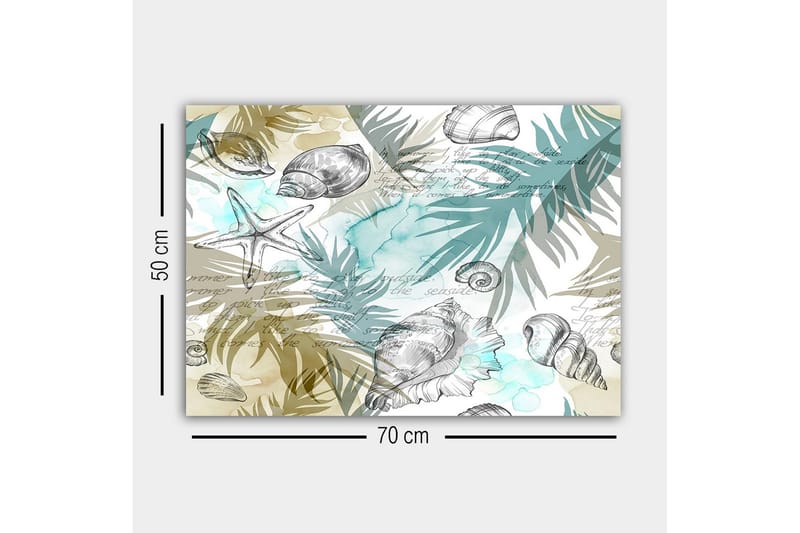 Lerretsbilde - Sjømotiv med skjell og palmeblader - Blå / Beige / Grønn - Interiør - Maleri & posters - Lerretsbilder