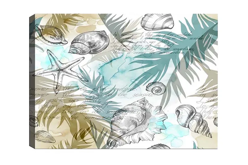 Lerretsbilde - Sjømotiv med skjell og palmeblader, Blå / Beige / Grønn