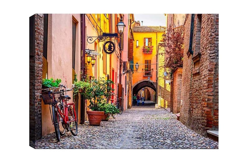 Lerretsbilde - Sjarmerende gate med sykkel og fargerike bygninger, Oransje / Grønn / Rød