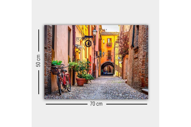 Lerretsbilde - Sjarmerende gate med sykkel og fargerike bygninger - Oransje / Grønn / Rød - Interiør - Maleri & posters - Lerretsbilder