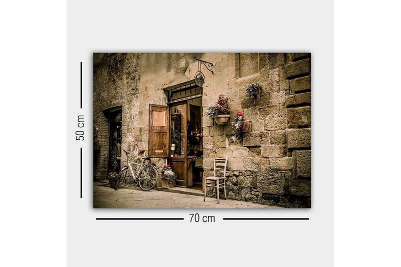 Lerretsbilde - Sjarmerende gatebilde med sykkel og åpen dør til butikk - Beige / Brun / Grønn - Interiør - Maleri & posters - Lerretsbilder