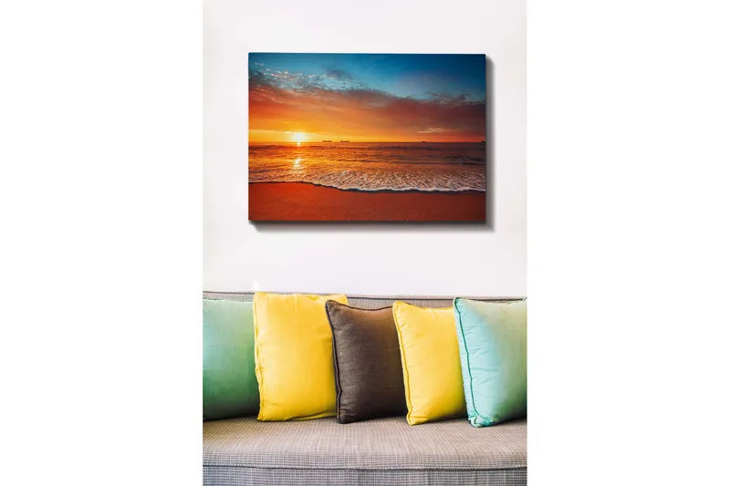 Lerretsbilde - Solnedgang over havet med myke bølger på stranden - Oransje / Blå / Beige - Interiør - Maleri & posters - Lerretsbilder