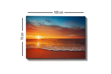 Lerretsbilde - Solnedgang over havet med myke bølger på stranden - Oransje / Blå / Beige - Interiør - Maleri & posters - Lerretsbilder