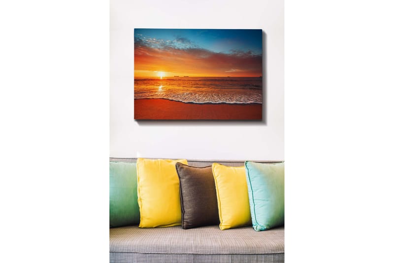 Lerretsbilde - Solnedgang over havet med myke bølger på stranden - Oransje / Blå / Beige - Interiør - Maleri & posters - Lerretsbilder