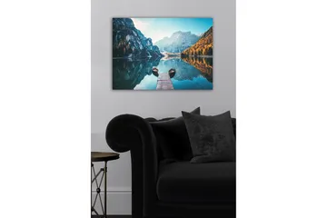 Lerretsbilde - Speillignende innsjø med fjell og høstfargede trær - Blå / Oransje / Grønn - Interiør - Maleri & posters - Lerretsbilder