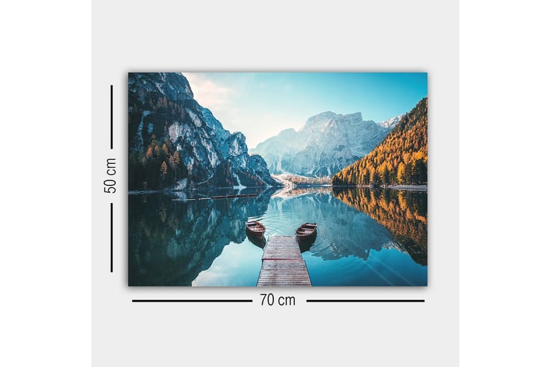 Lerretsbilde - Speillignende innsjø med fjell og høstfargede trær - Blå / Oransje / Grønn - Interiør - Maleri & posters - Lerretsbilder