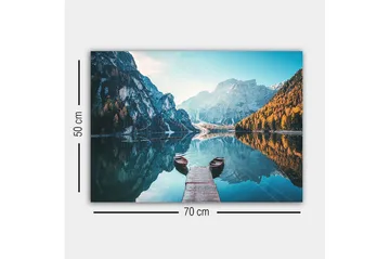 Lerretsbilde - Speillignende innsjø med fjell og høstfargede trær - Blå / Oransje / Grønn - Interiør - Maleri & posters - Lerretsbilder