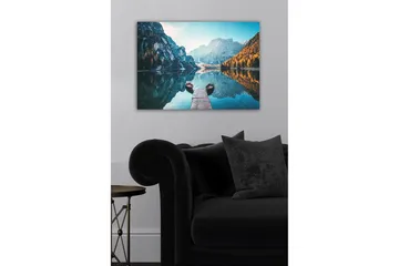 Lerretsbilde - Speillignende innsjø med fjell og høstfargede trær - Blå / Oransje / Grønn - Interiør - Maleri & posters - Lerretsbilder