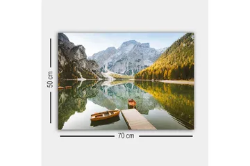 Lerretsbilde - Speillignende innsjø med fjell og høstfargede trær - Grønn / Oransje / Blå - Interiør - Maleri & posters - Lerretsbilder