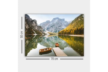 Lerretsbilde - Speillignende innsjø med fjell og høstfargede trær - Grønn / Oransje / Blå - Interiør - Maleri & posters - Lerretsbilder