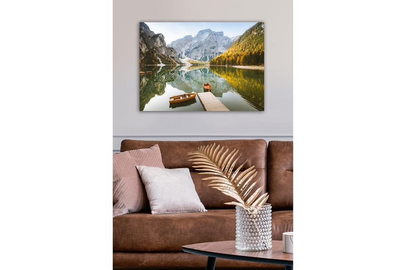 Lerretsbilde - Speillignende innsjø med fjell og høstfargede trær - Grønn / Oransje / Blå - Interiør - Maleri & posters - Lerretsbilder