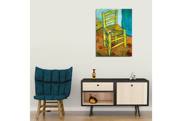 Lerretsbilde - Stående stol med stråsete og en liten dekorasjon på setet - Gul / Grønn / Oransje - Interiør - Maleri & posters - Lerretsbilder