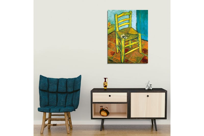 Lerretsbilde - Stående stol med stråsete og en liten dekorasjon på setet - Gul / Grønn / Oransje - Interiør - Maleri & posters - Lerretsbilder