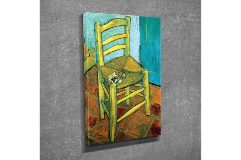 Lerretsbilde - Stående stol med stråsete og en liten dekorasjon på setet - Gul / Grønn / Oransje - Interiør - Maleri & posters - Lerretsbilder