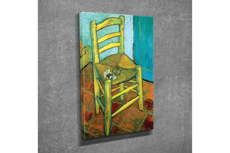 Lerretsbilde - Stående stol med stråsete og en liten dekorasjon på setet - Gul / Grønn / Oransje - Interiør - Maleri & posters - Lerretsbilder