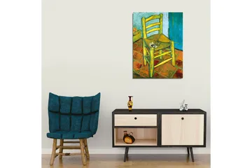Lerretsbilde - Stående stol med stråsete og en liten dekorasjon på setet - Gul / Grønn / Oransje - Interiør - Maleri & posters - Lerretsbilder