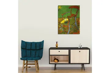 Lerretsbilde - Stående stol med tent lysestake og gul duk - Grønn / Brun / Gul - Interiør - Maleri & posters - Lerretsbilder