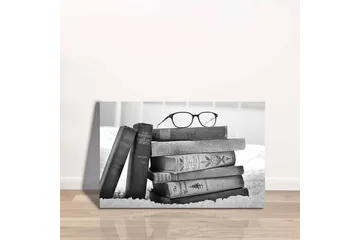 Lerretsbilde - Stabel med bøker med briller på toppen - Svart / Grå / Hvit - Interiør - Maleri & posters - Lerretsbilder