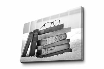 Lerretsbilde - Stabel med bøker med briller på toppen - Svart / Grå / Hvit - Interiør - Maleri & posters - Lerretsbilder