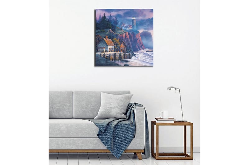 Lerretsbilde - Steinete kyst med fyr og pittoreske hus - Mørk blå / Grå / Rød - Interiør - Maleri & posters - Lerretsbilder